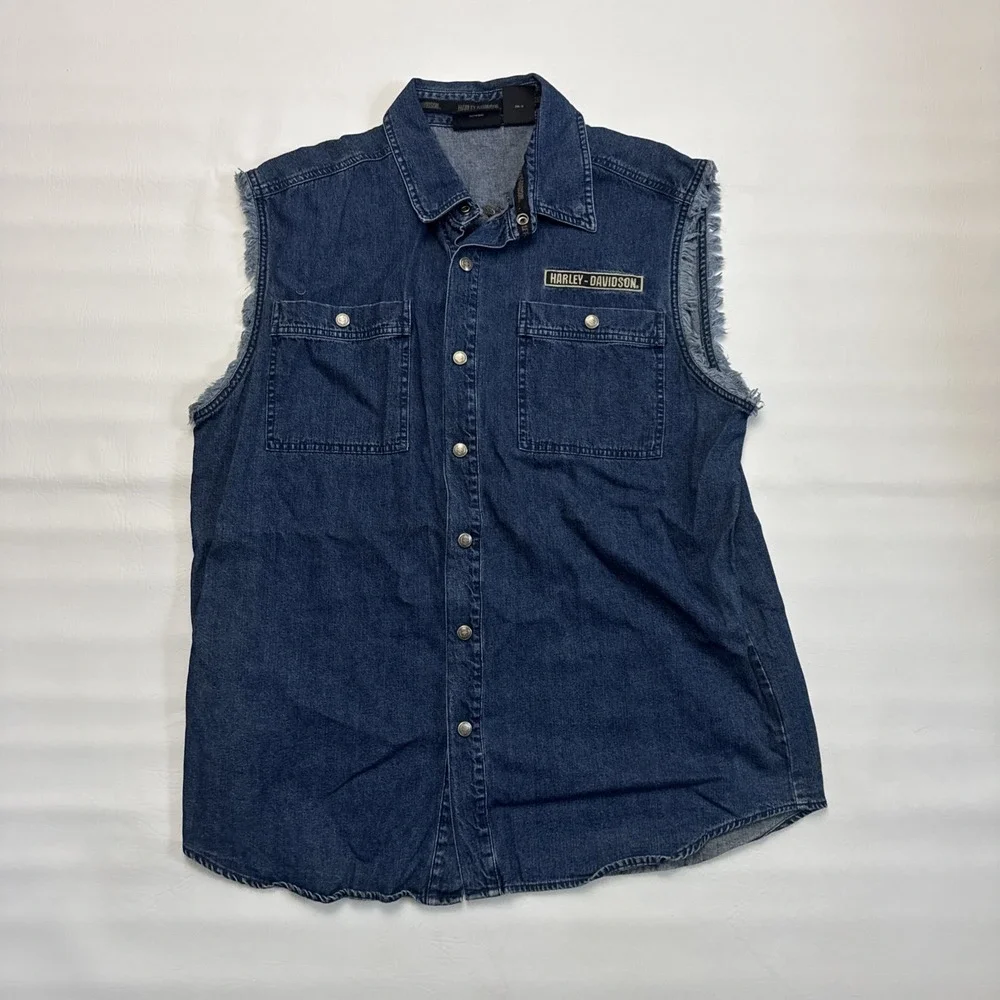 Harley-Davidson Embroidered Eagle Blue Frayed Denim Jean Mens Snap Vest Size X-L